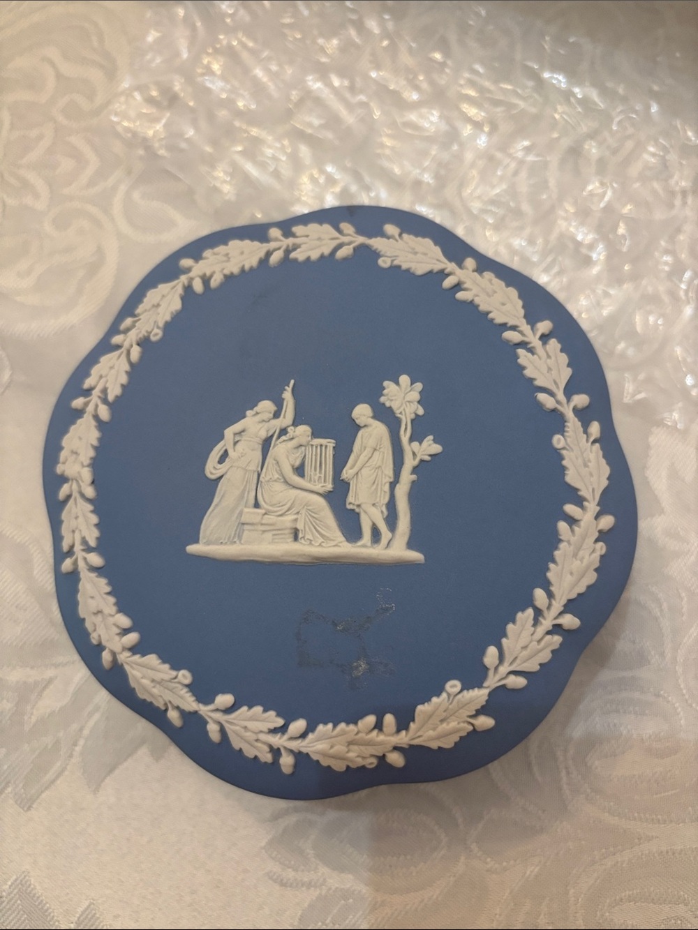 Blue Jasperware Trinket Box with White Classical Relief